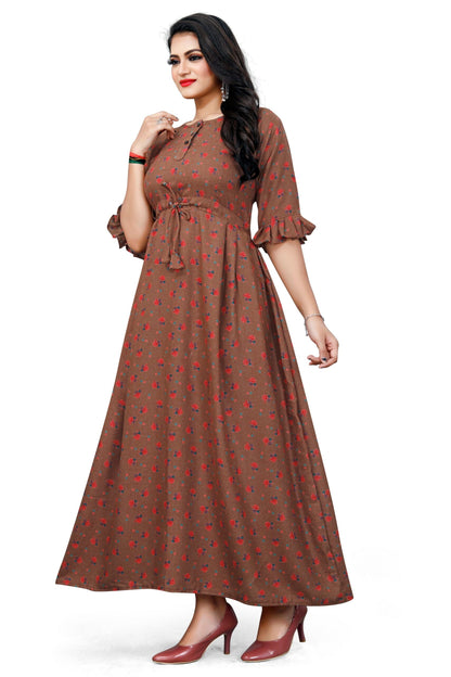 CLOZENA ALPINE WOMEN PRINTED BROWN MAXI NIGHT GOWN