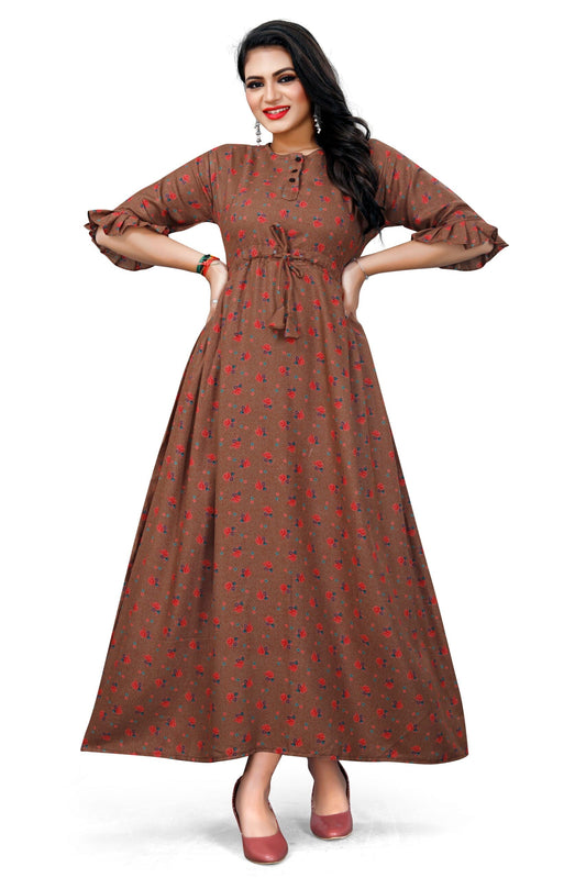 CLOZENA ALPINE WOMEN PRINTED BROWN MAXI NIGHT GOWN