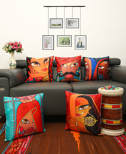 Rajasthan Print Satin Cushion Cover, Set Of 5