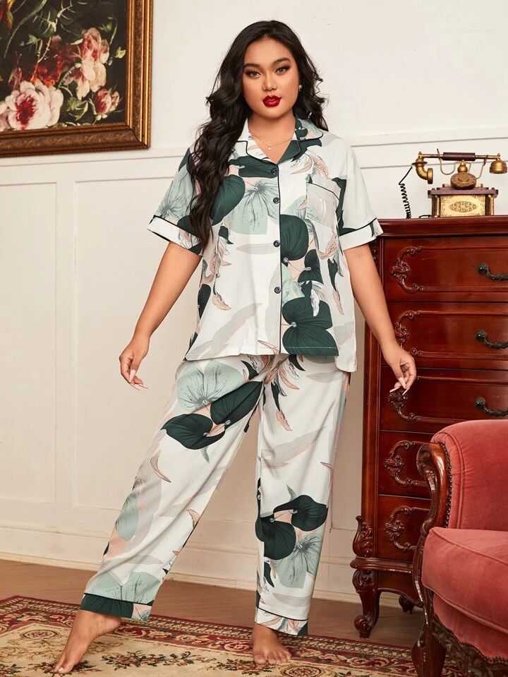 Women's Sleepwear Plus Button Casual Nightwear Top Pajamas Set Loungewear Set