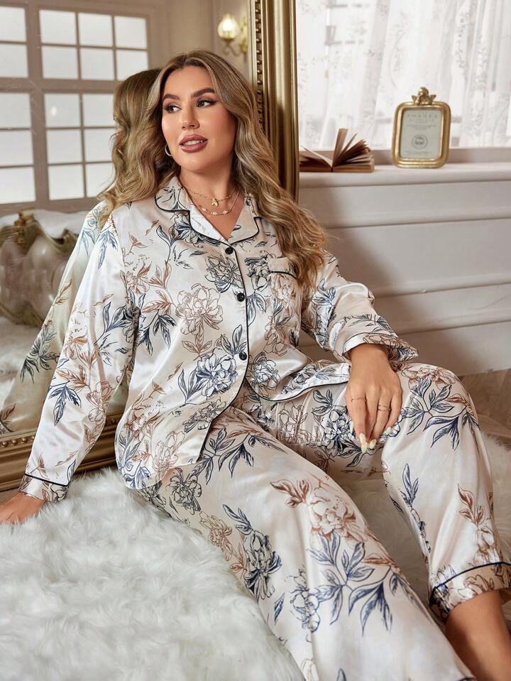 LuxeNights Plus Floral Print Contrast Piping Satin PJ Set