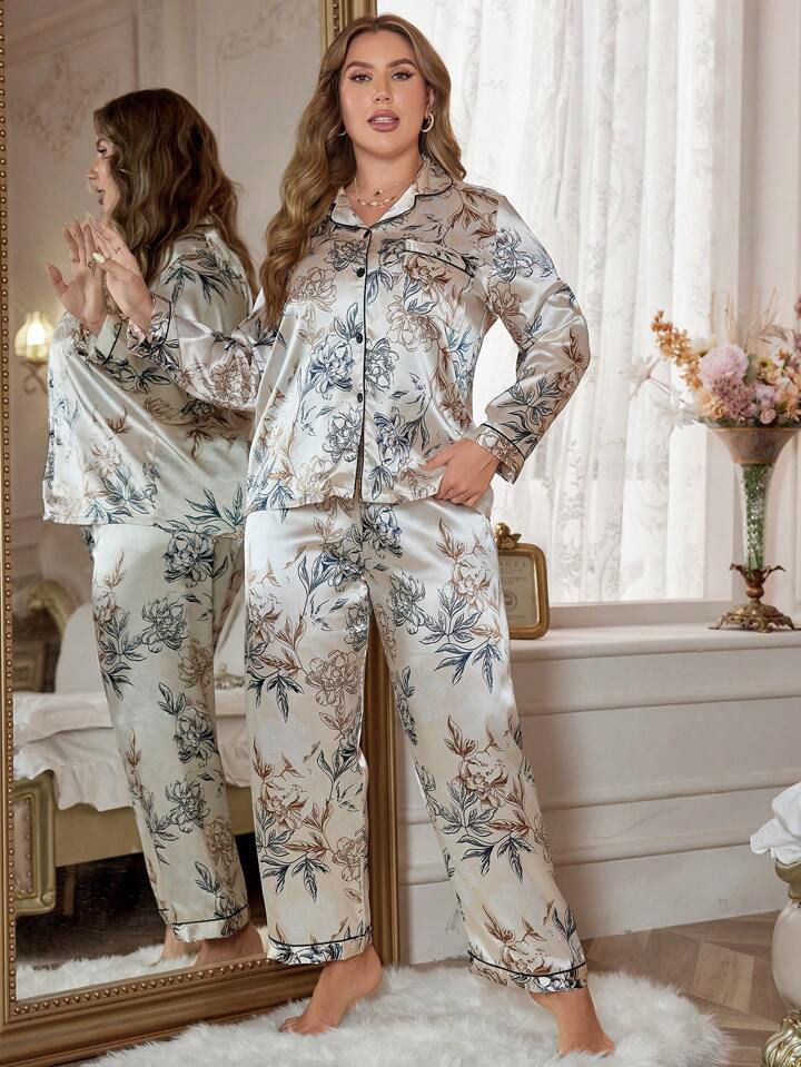 LuxeNights Plus Floral Print Contrast Piping Satin PJ Set