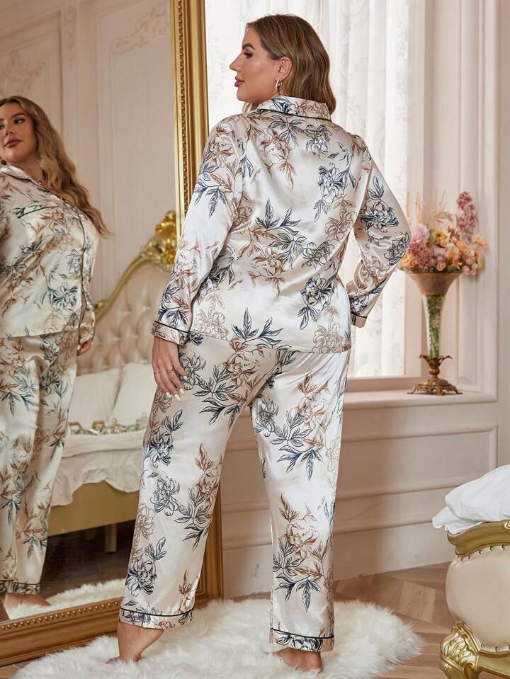 LuxeNights Plus Floral Print Contrast Piping Satin PJ Set