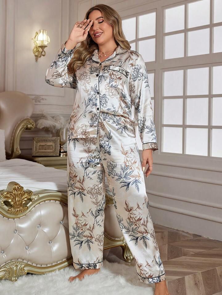 LuxeNights Plus Floral Print Contrast Piping Satin PJ Set