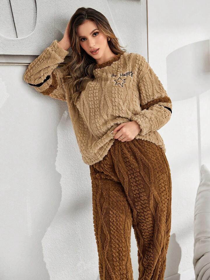 Women Top & Pyjama Set Brown Self Design