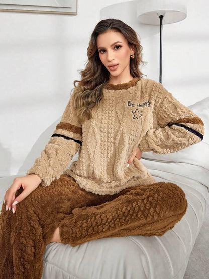 Women Top & Pyjama Set Brown Self Design