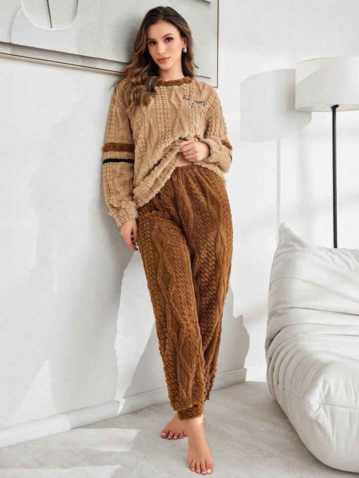 Women Top & Pyjama Set Brown Self Design