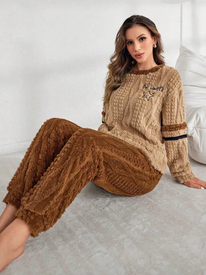 Women Top & Pyjama Set Brown Self Design