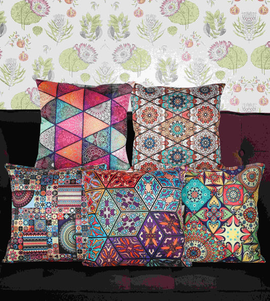 Ethnic Ishil Printed Satin Cushion Covers, Set of 5