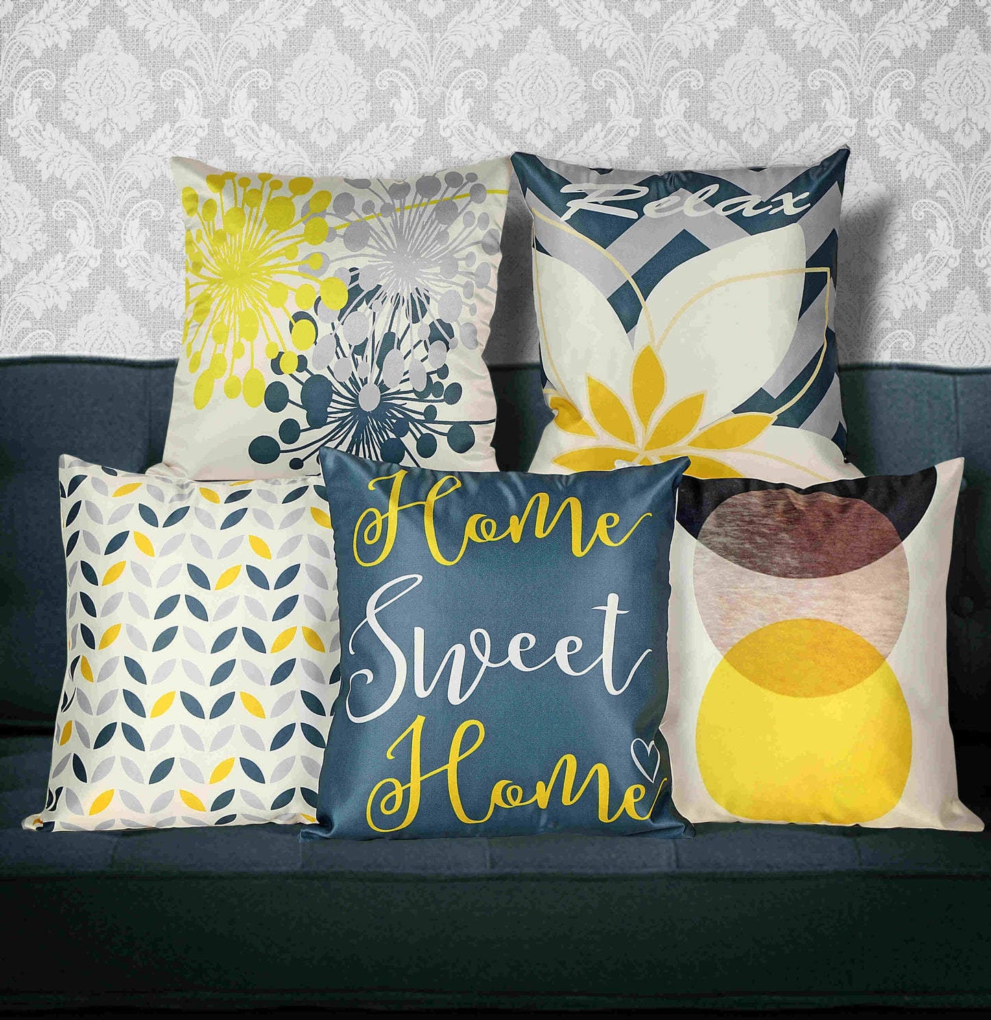 Yellow Printed Satin Cushion Covers, Set of 5