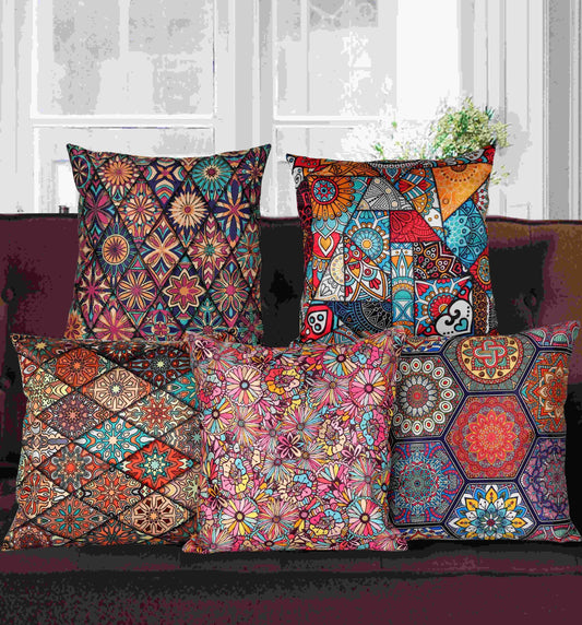 Ethnic Turkey Printed Satin Cushion Covers, Set of 5