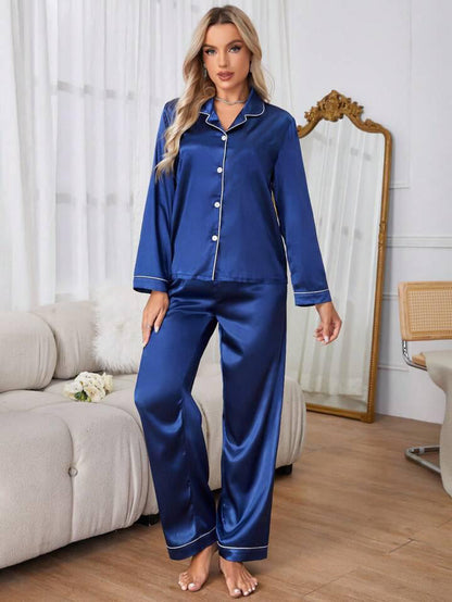 Satin Silk Pajama Set for Women with Long Sleeves & Pockets - Button Down Sleepwear Set