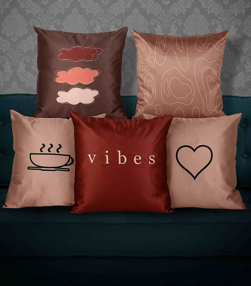 Mocha Vibes Brown Satin Cushion Cover, Set Of 5