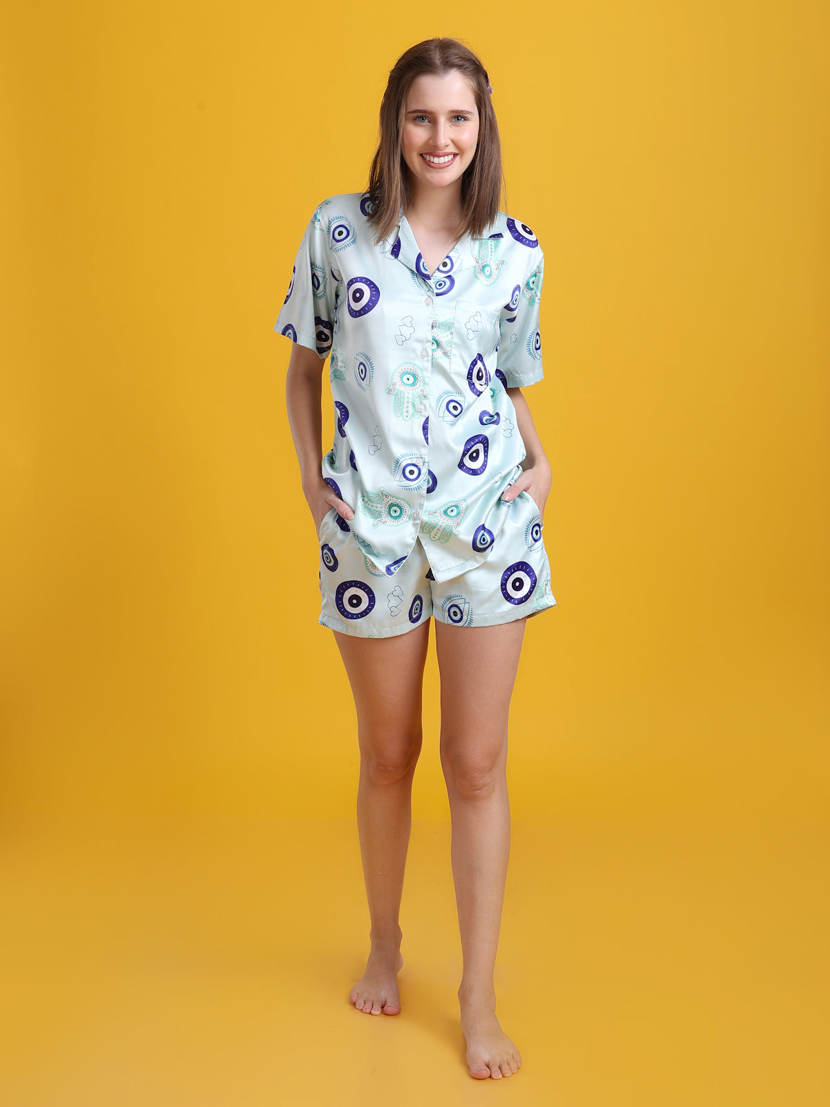 (BOGO) Evil Eye Luxe Satin Printed Nightsuit For Women With Free Scrunchies