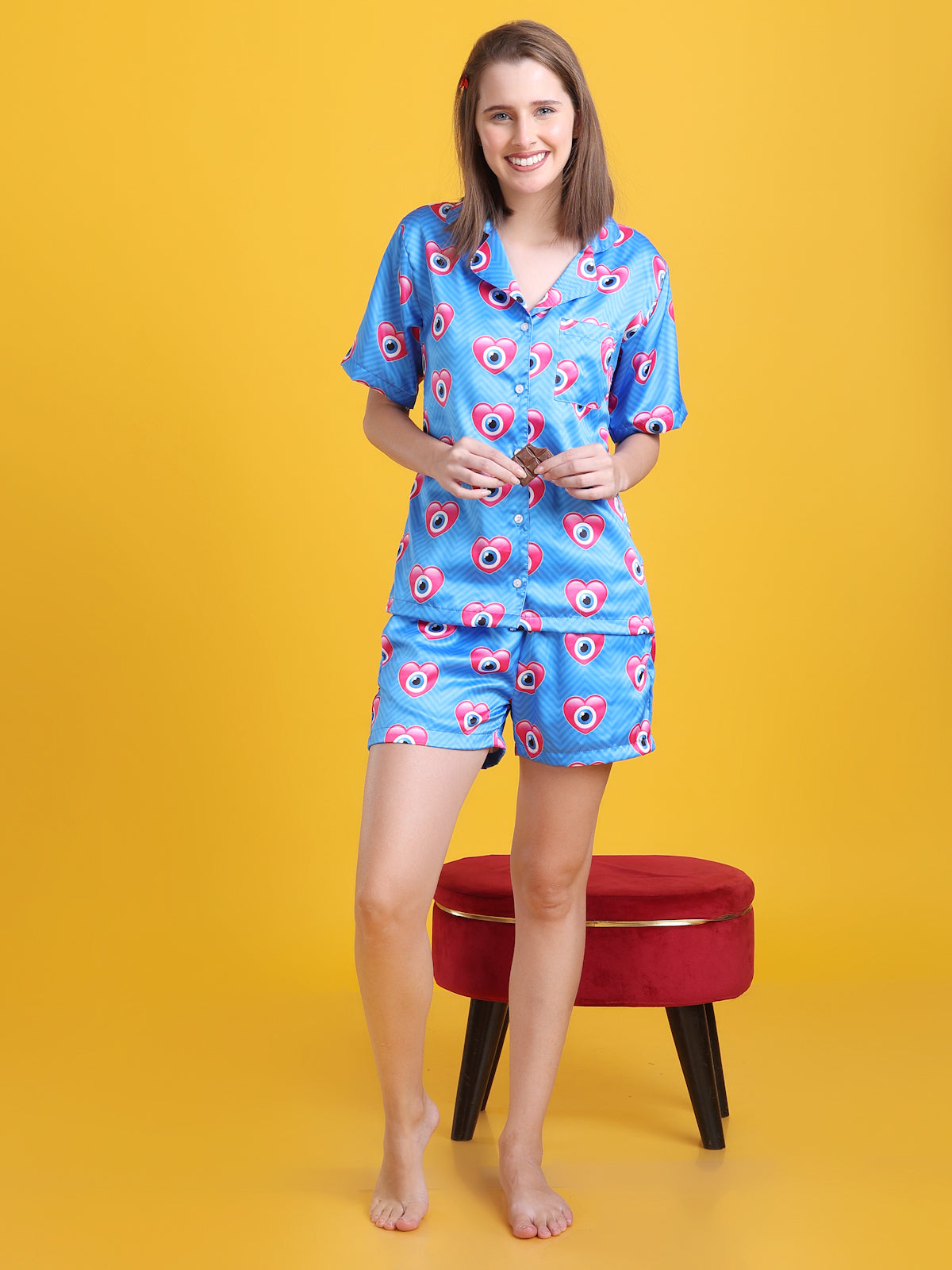 (BOGO) Heart Connection Luxe Satin Printed Nightsuit For Women With Free Scrunchies