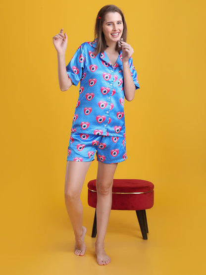 (BOGO) Heart Connection Luxe Satin Printed Nightsuit For Women With Free Scrunchies