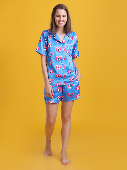 (BOGO) Heart Connection Luxe Satin Printed Nightsuit For Women With Free Scrunchies