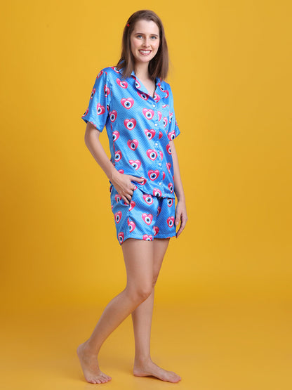 (BOGO) Heart Connection Luxe Satin Printed Nightsuit For Women With Free Scrunchies