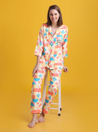 Sunshine Back Printed Blue Pyjama Set| Womens pjs