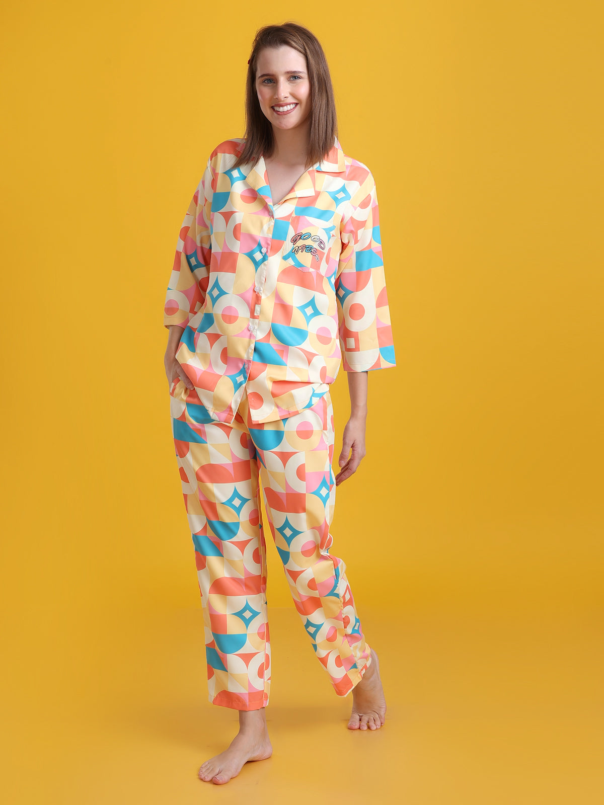 Sunshine Back Printed Blue Pyjama Set| Womens pjs