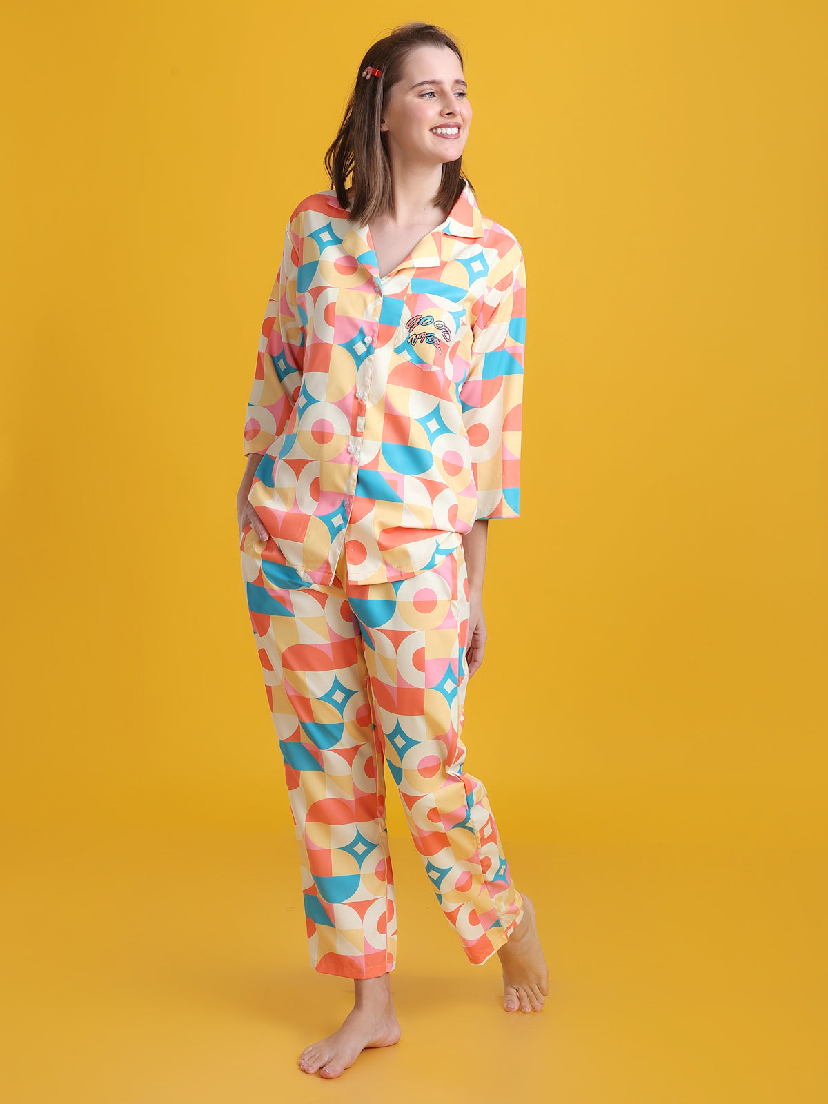 Sunshine Back Printed Blue Pyjama Set| Womens pjs