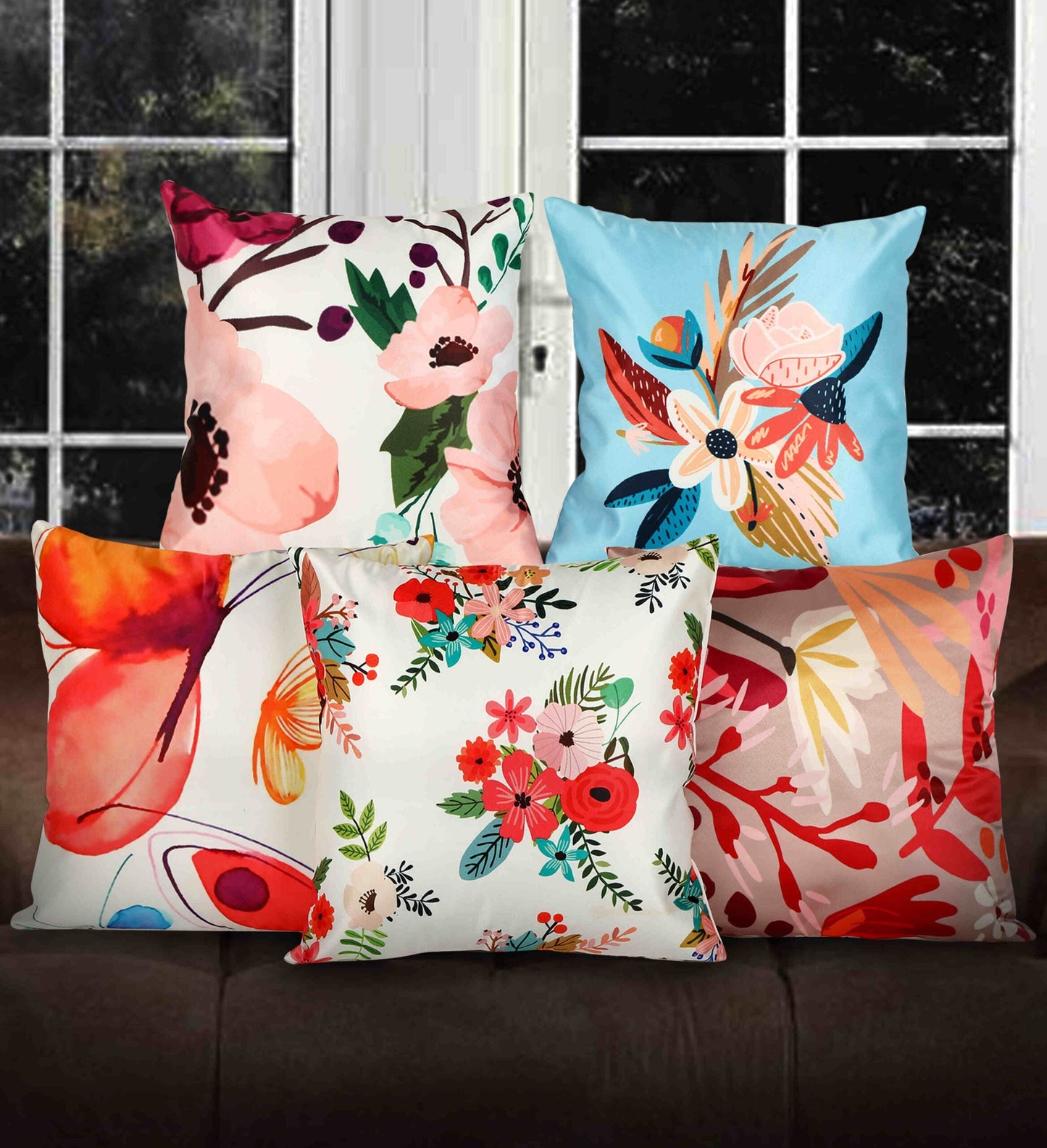 Blossoms Floral Satin Cushion Covers, Set Of 5