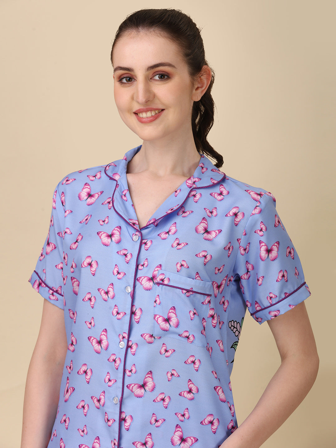 (BOGO) Butterfly Back Printed Blue Pyjama Set With Free Scrunchies (PACK OF 2)