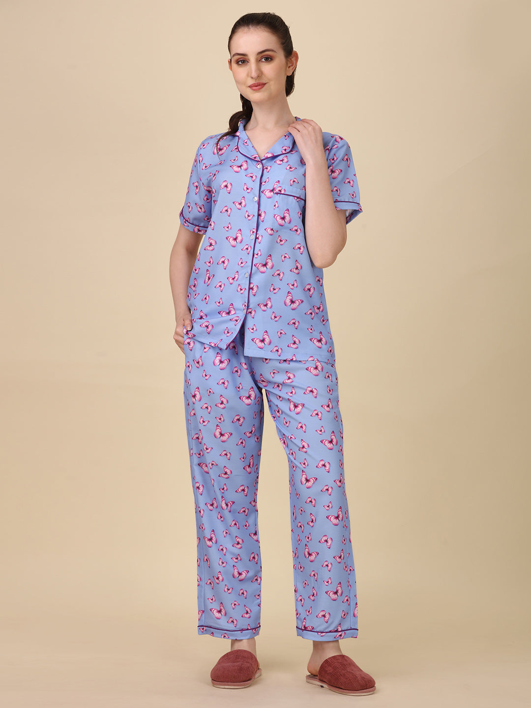 Butterfly Back Printed Blue Pyjama Set| Womens pjs