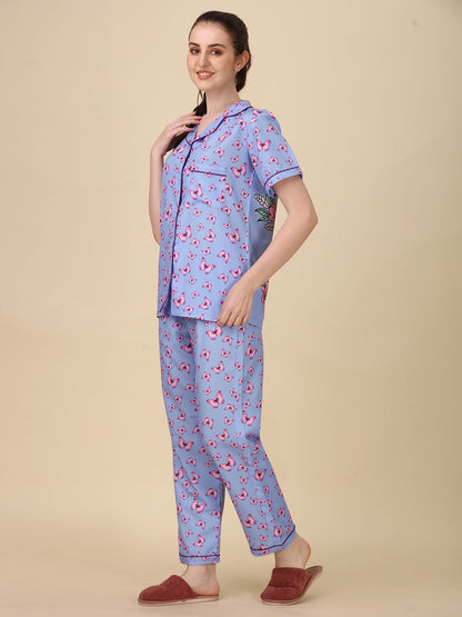 Butterfly Back Printed Blue Pyjama Set| Womens pjs