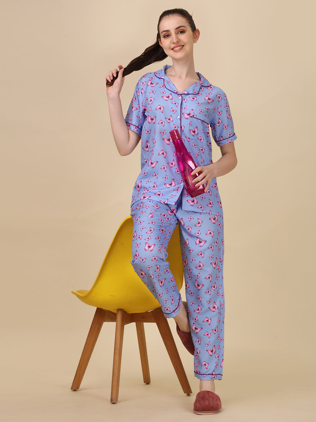 Butterfly Back Printed Blue Pyjama Set| Womens pjs