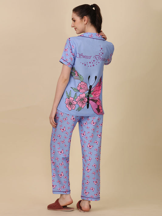 Butterfly Back Printed Blue Pyjama Set| Womens pjs