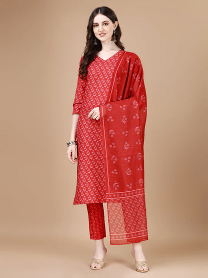 Red Printed Straight Kurta with Pant and Dupatta Set (Red)