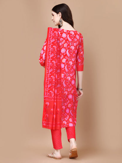 Red Printed Rayon Digital Printed Straight Kurta With Dupatta (Red)