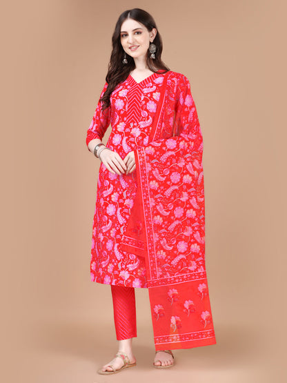 Red Printed Rayon Digital Printed Straight Kurta With Dupatta (Red)