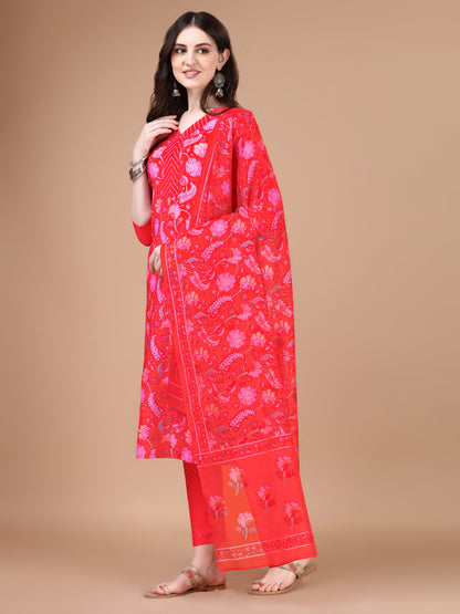 Red Printed Rayon Digital Printed Straight Kurta With Dupatta (Red)