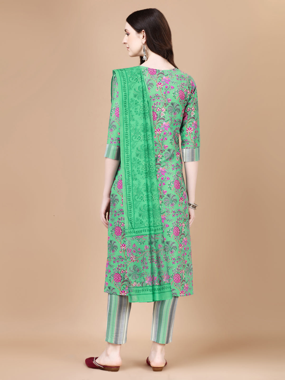 Green Printed Straight Kurta With Dupatta (Green)