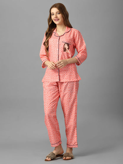 (BOGO) Shopaholic Girl Back Printed Pyjama Set With Free Scrunchies (PACK OF 2)