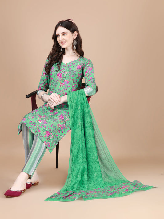 Green Printed Straight Kurta With Dupatta (Green)