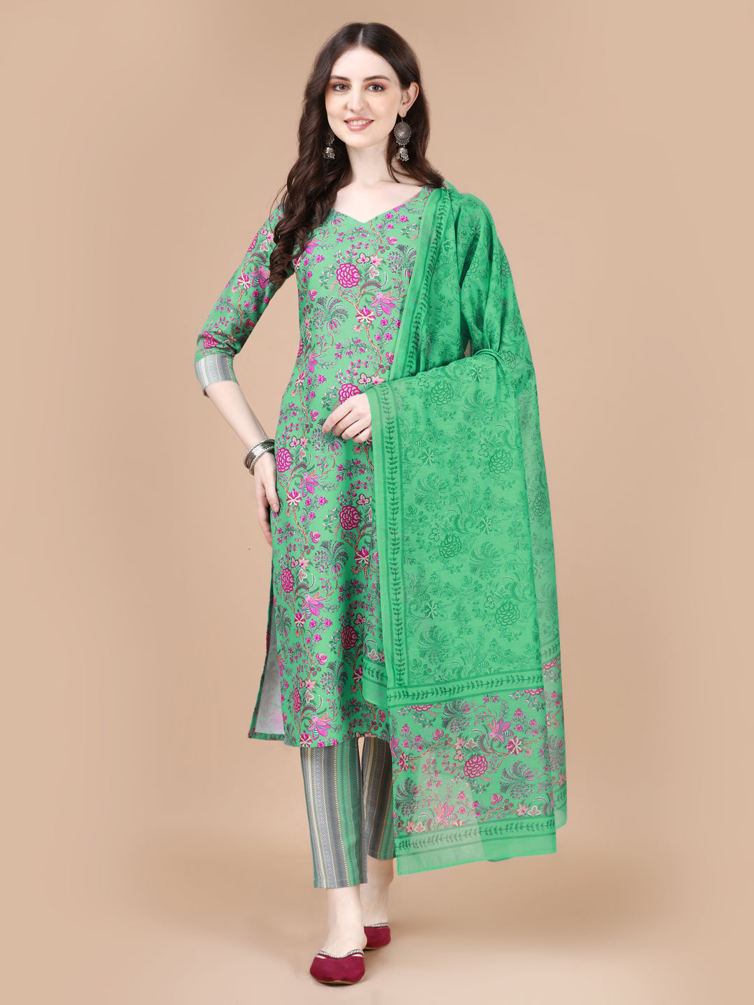 Green Printed Straight Kurta With Dupatta (Green)