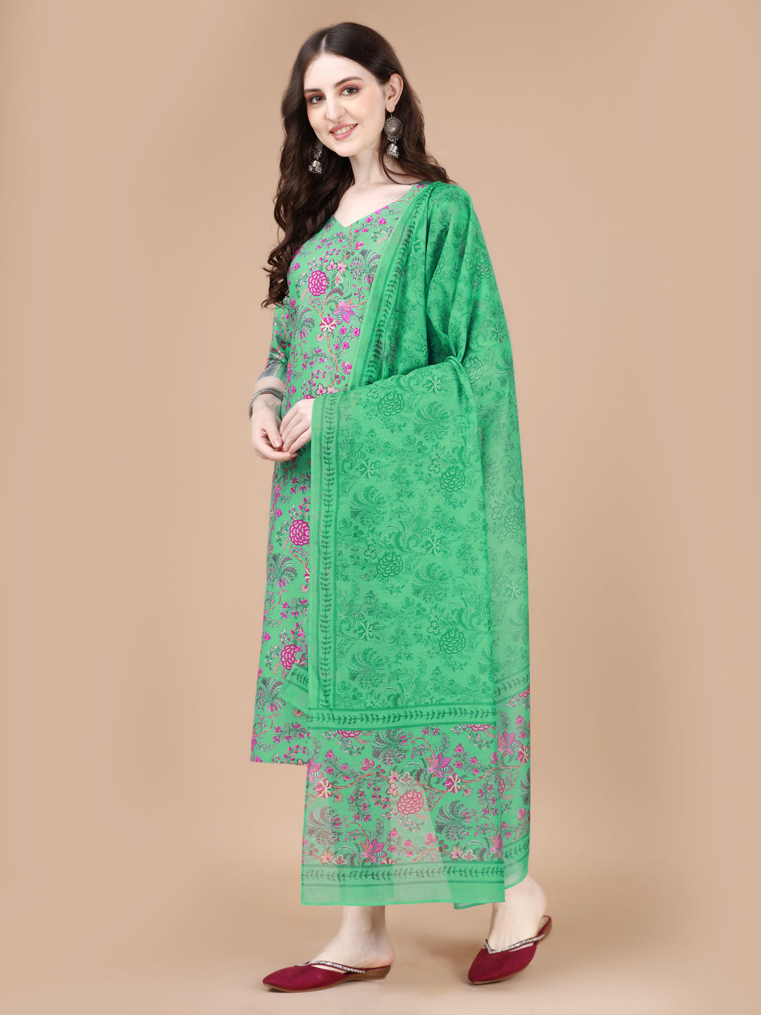 Green Printed Straight Kurta With Dupatta (Green)