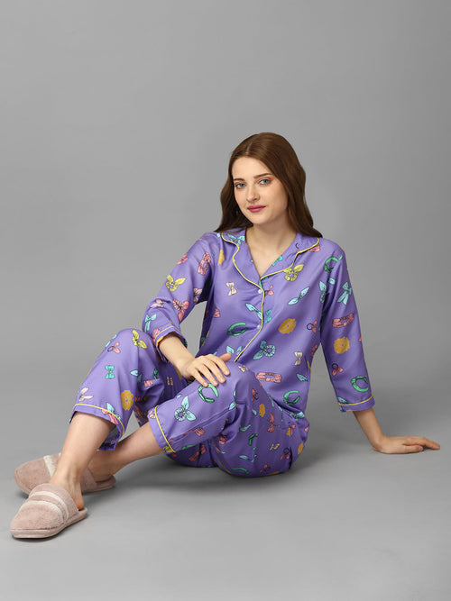 Happy Purple Back Printed Pyjama Set | womens pj sets