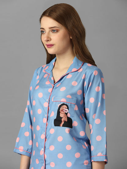 (BOGO) Pink Polka Girl Back Printed Pyjama Set With Free Scrunchies (PACK OF 2)