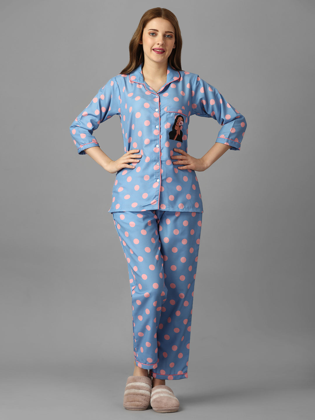 (BOGO) Pink Polka Girl Back Printed Pyjama Set With Free Scrunchies (PACK OF 2)