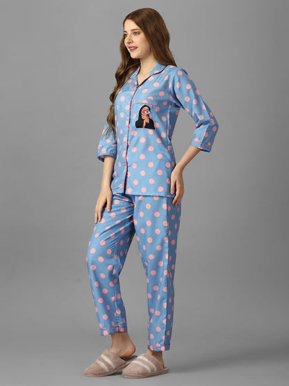 (BOGO) Pink Polka Girl Back Printed Pyjama Set With Free Scrunchies (PACK OF 2)