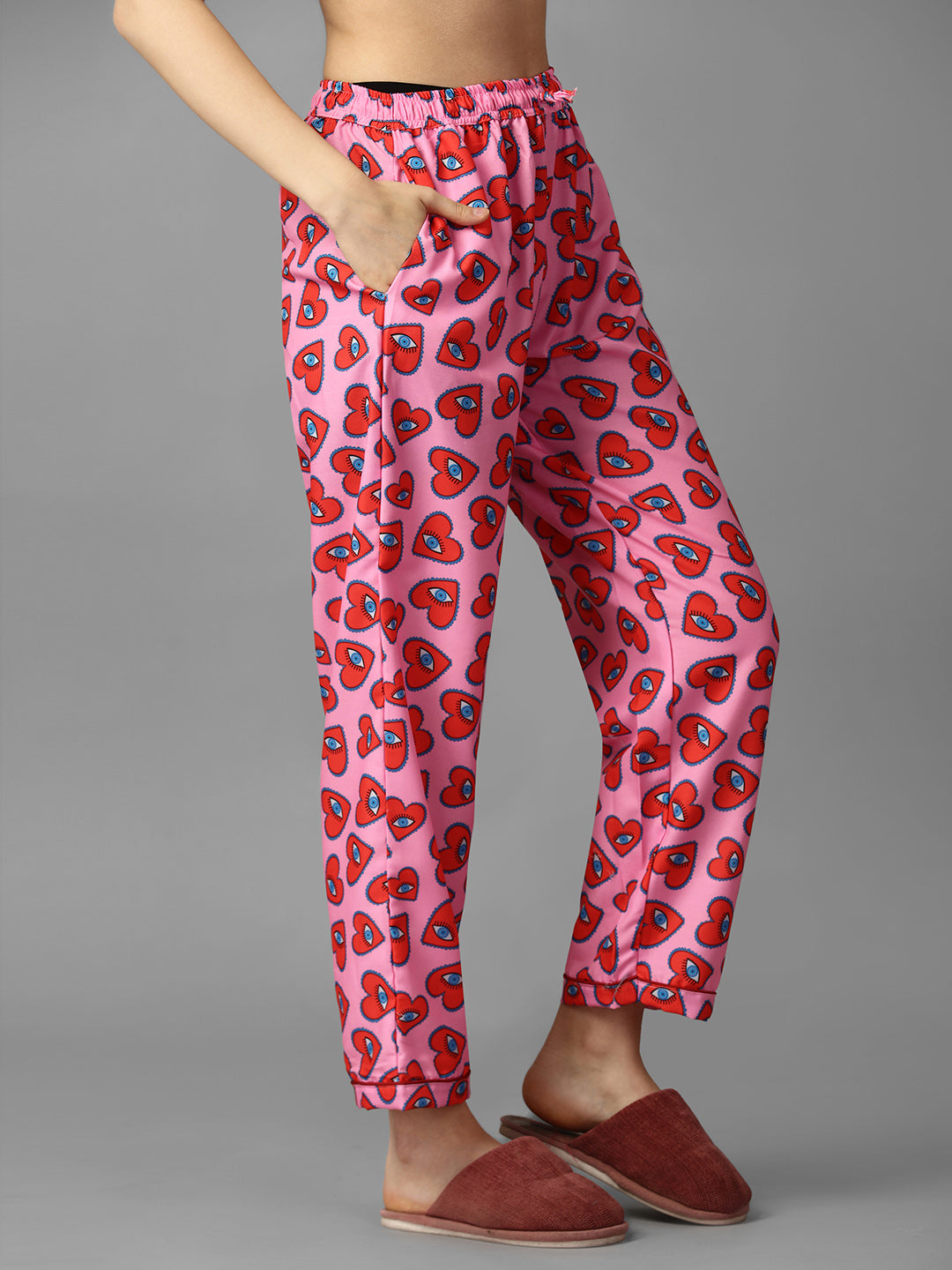 (BOGO) Heart Eye Pink Printed Night Suit With Free Scrunchies