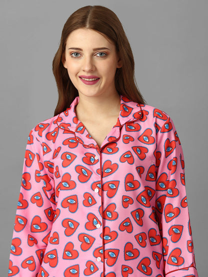 (BOGO) Heart Eye Pink Printed Night Suit With Free Scrunchies