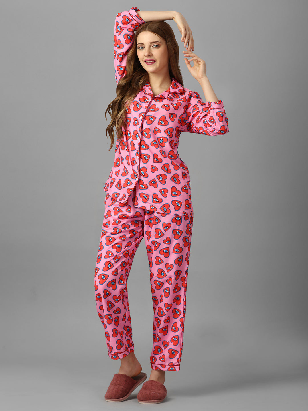 (BOGO) Heart Eye Pink Printed Night Suit With Free Scrunchies