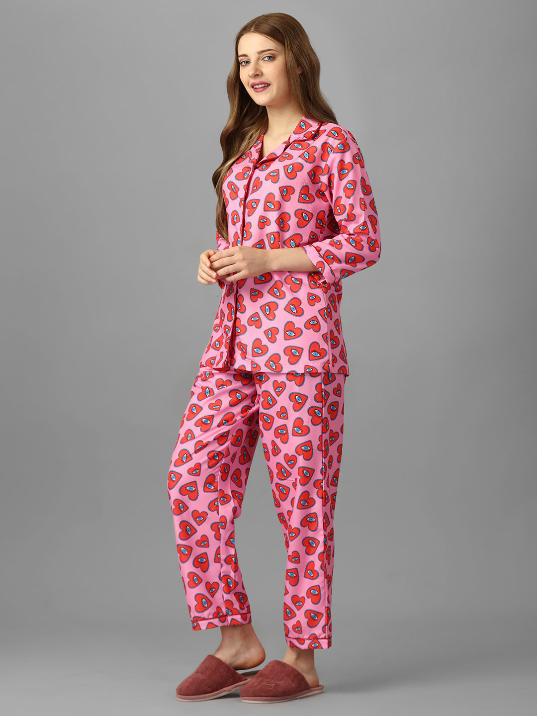 (BOGO) Heart Eye Pink Printed Night Suit With Free Scrunchies