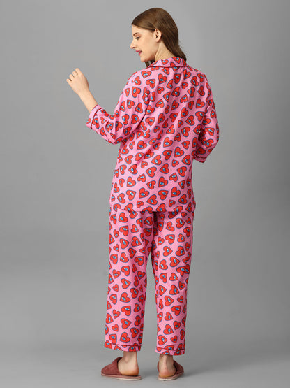 (BOGO) Heart Eye Pink Printed Night Suit With Free Scrunchies