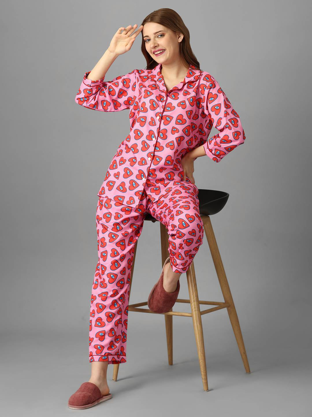 (BOGO) Heart Eye Pink Printed Night Suit With Free Scrunchies